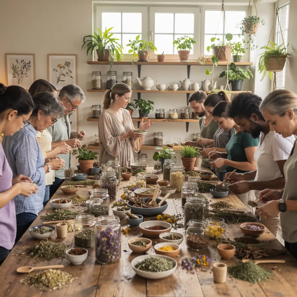 Mirna šalica čaja s biljnim sastojcima na drvenom stolu